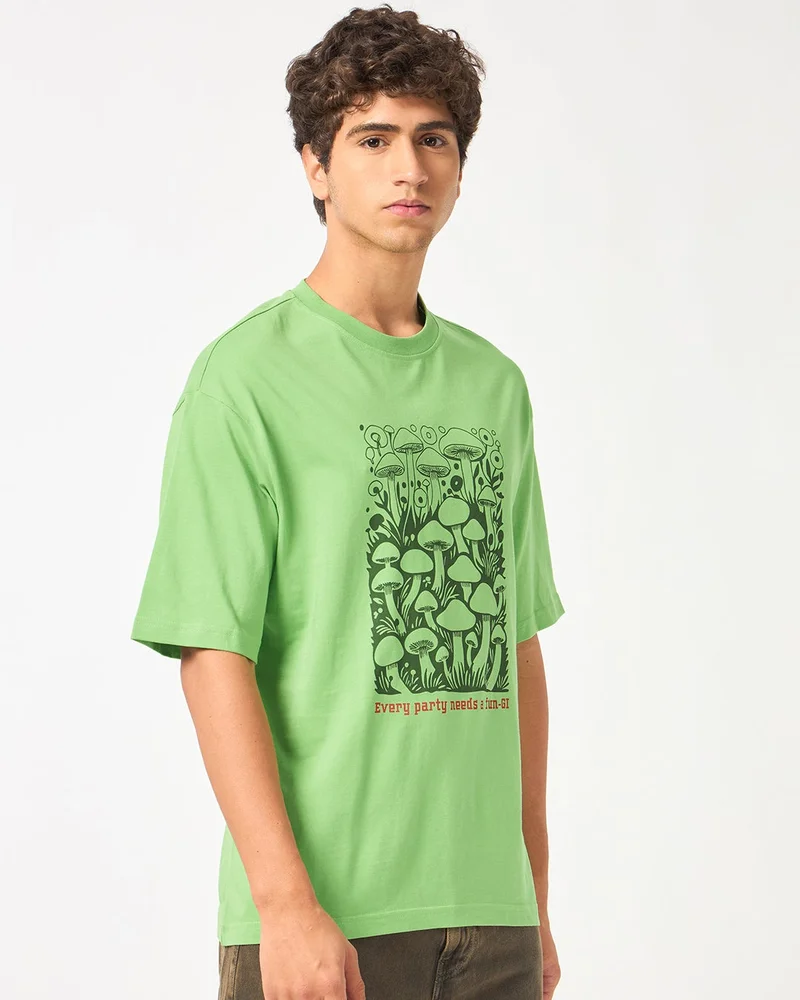 bewakoof Men's Jade Lime Green Fungi Graphic Printed Oversized T-shirt